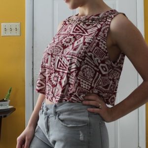 Red and White Patterned Sleeveless Crop Top